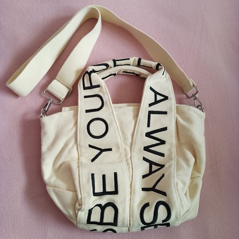 Zara Cream Canvas Handbag with Crossbody Strap "Be Yourself Always" NWOT